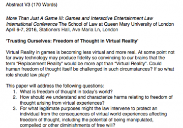 Draft Abstract for ‘Trusting Ourselves: Freedom of Thought in Virtual Reality’